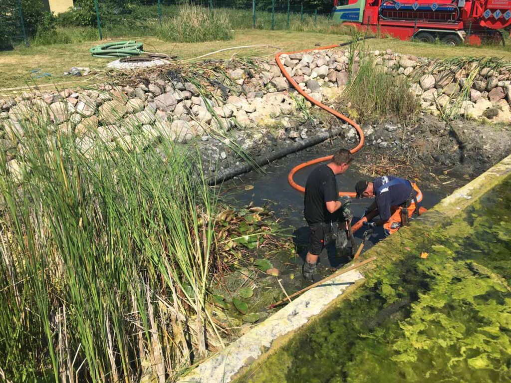 Det hydrobotaniske-plantebed oprenses med slamsuger